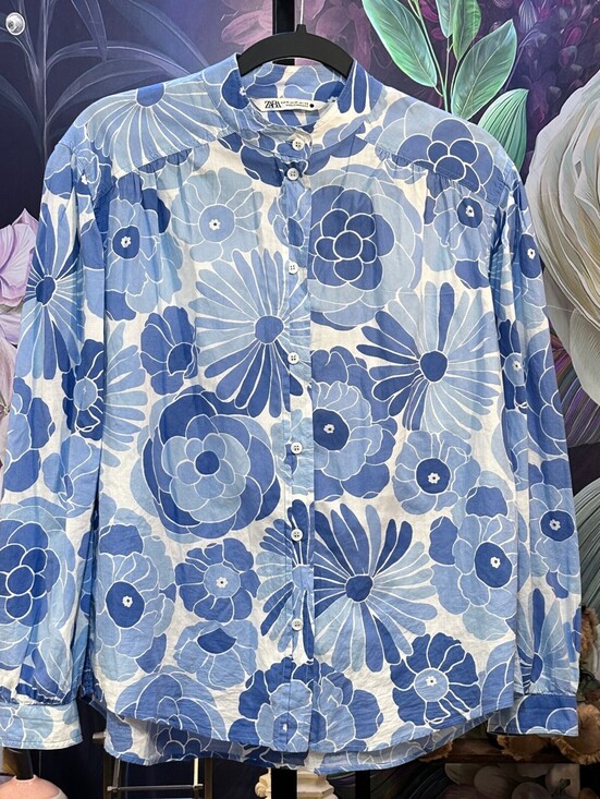 Zara Tops - ZARA M 100% Cotton Blouse Fairycore Boho Coastal Floral Print Button Front Top